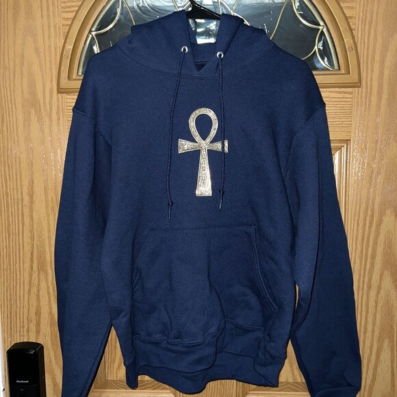 ☥ Brass Ankh Hoodie Navy Blue Size Small ☥ - Picture 3 of 7
